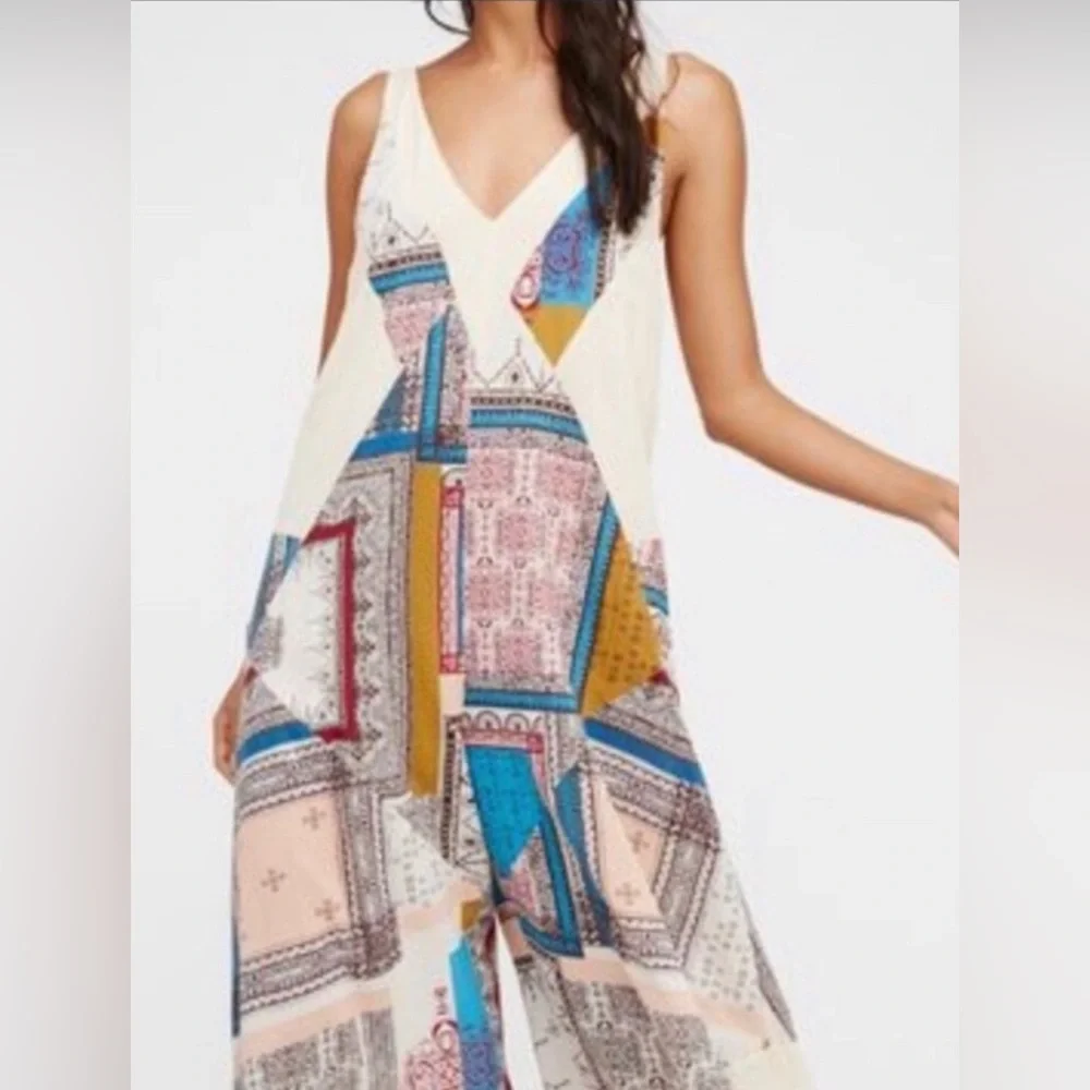 Free People Patchwork V-Neck Wide-Leg Jumpsuit in Cream, Blue, Mustard, Red - Picture 13 of 13